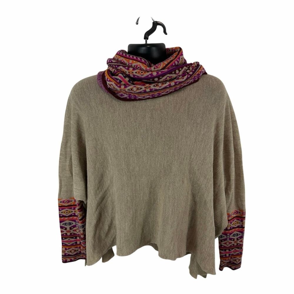 Munay 100% Baby Alpaca Knit Ponco Sweater Cowl Neck Tan Aztec Pink OSFM